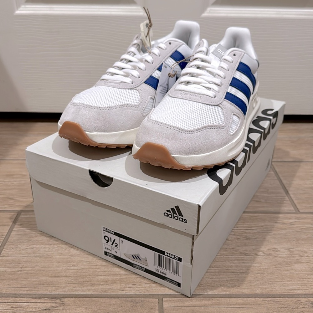 adidas White Sneakers with Blue Stripes and Gum Outsole